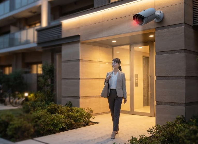マンションのエントランスで女性を見守る防犯カメラのイメージ