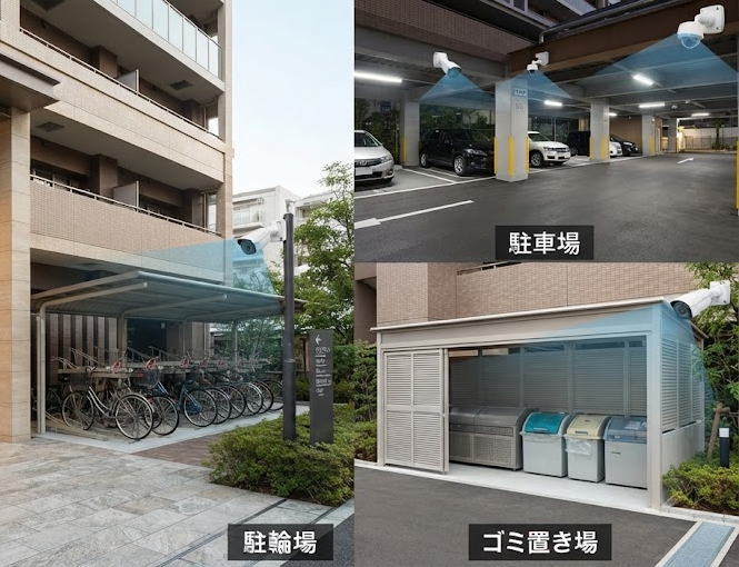 マンションのエントランス、駐車場、駐輪場、ゴミ置き場における防犯カメラ設置イメージ図
